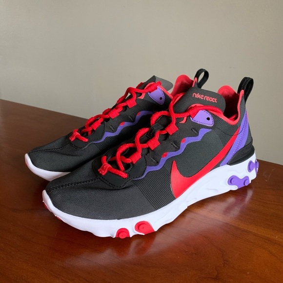 Women’s Nike React Element 55 Black/Red/ Purple - Picture 3 of 7
